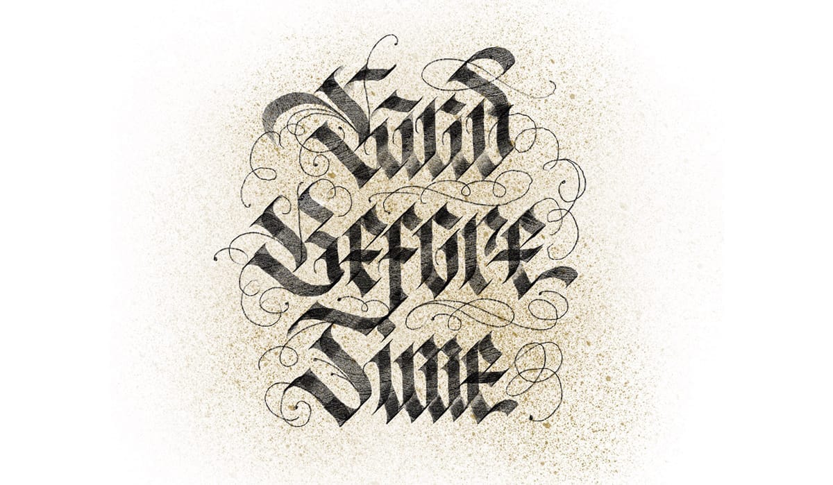 Example of Procreate blackletter brush with technical pen flourishes