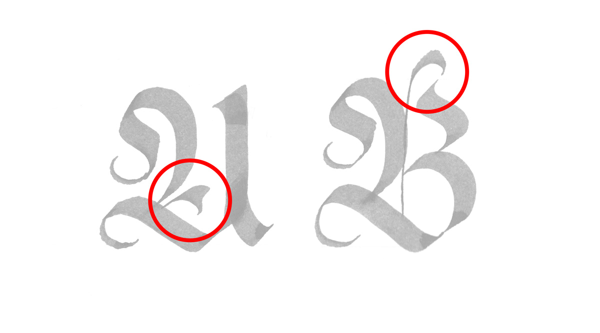 Decorative filigrees on majuscule letters "A" and "B"