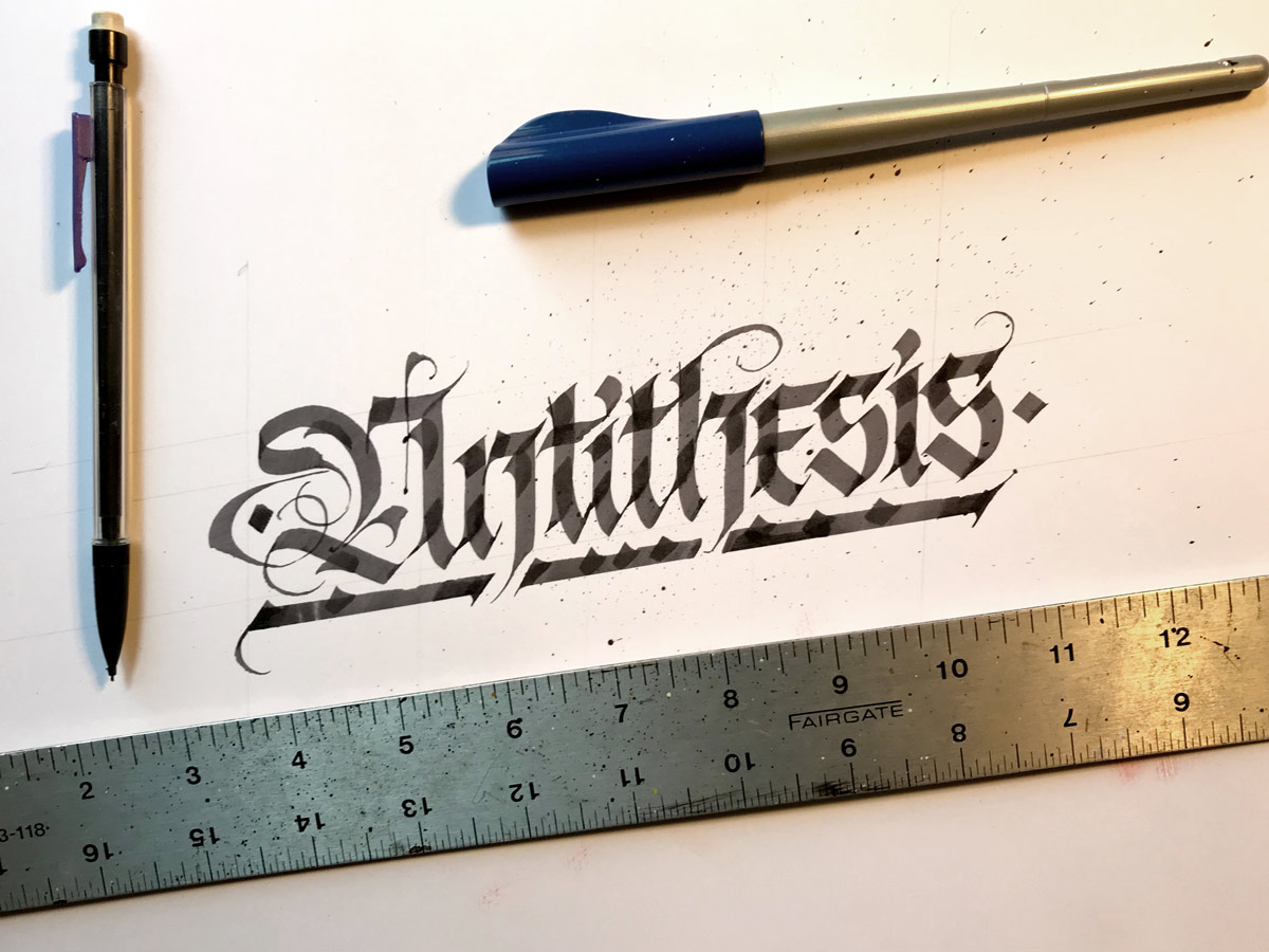 Slanted calligraphy composition by Jake Rainis
