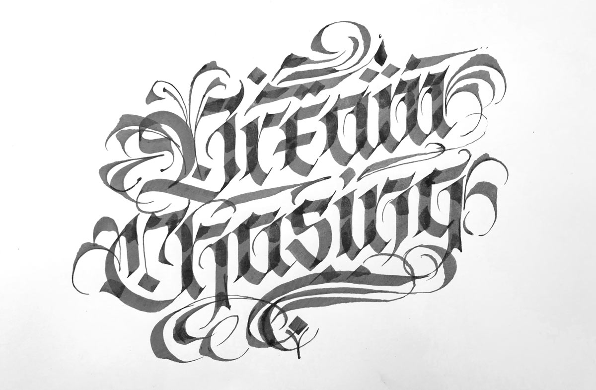 Slanted calligraphy composition by Jake Rainis