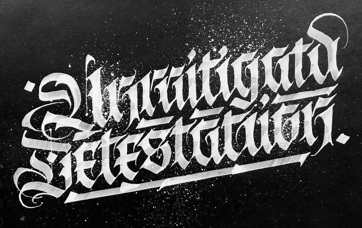 Slanted calligraphy composition by Jake Rainis