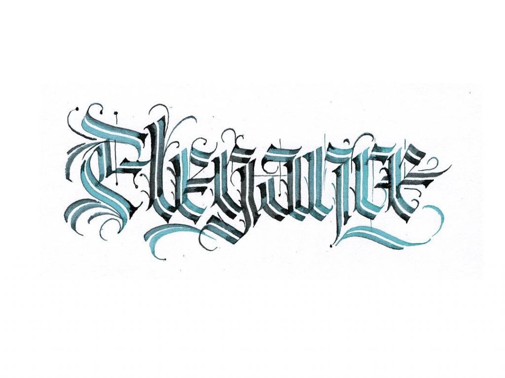 A calligraphy piece by Jake Rainis using a modified Pilot Parallel scroll nib